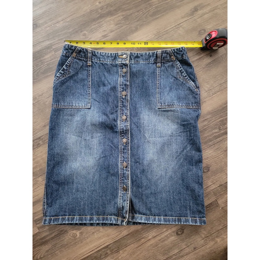 Crazy Horse Liz Claiborne Denim Midi Skirt Button Front Blue Pockets Womens 16